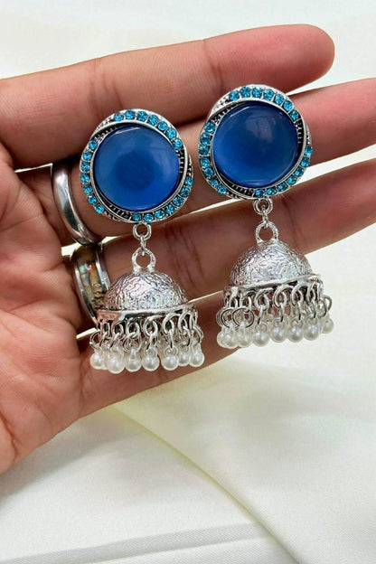 Rhinestone Border Round Stone Jhumka