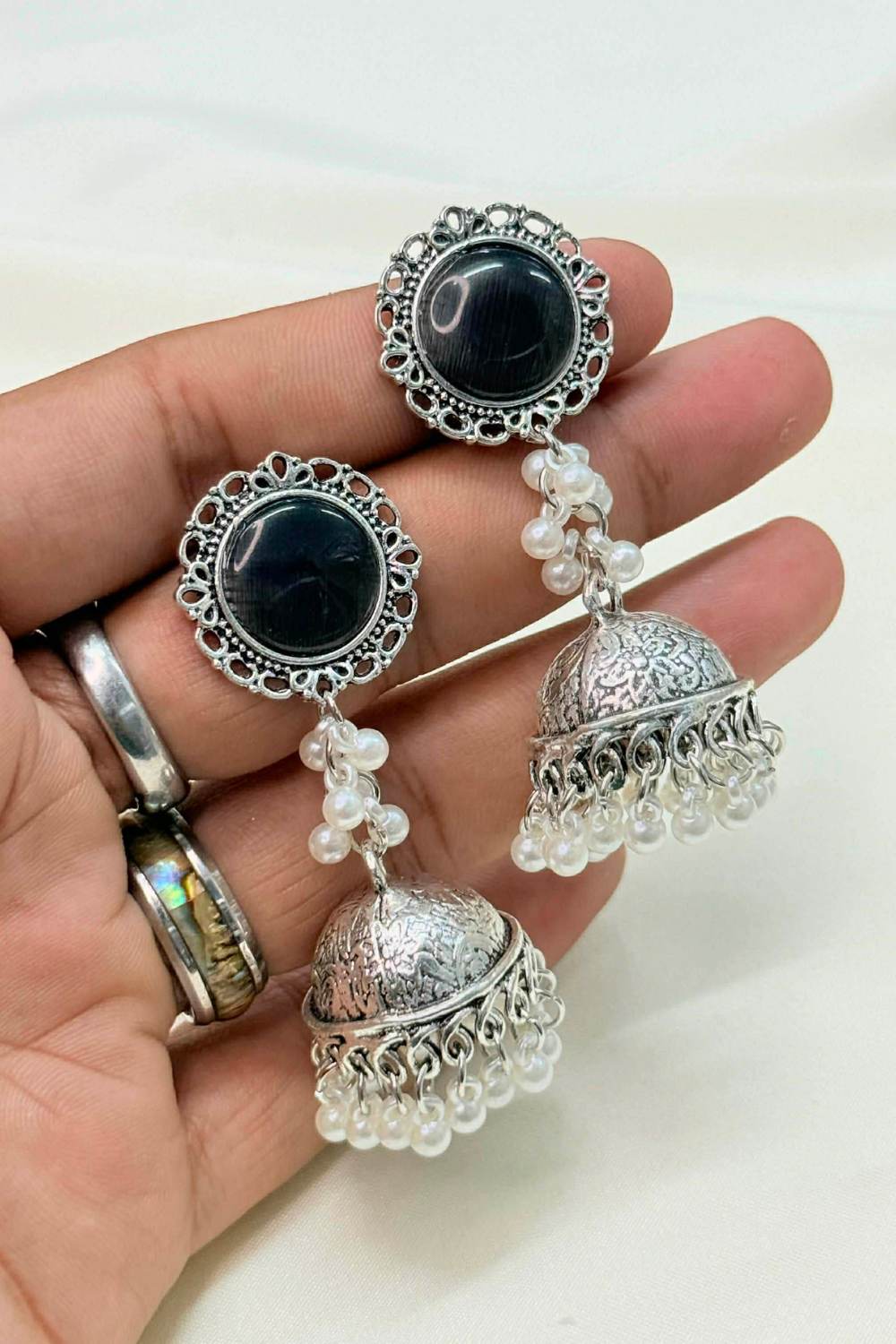 Round Moonstone Oxidized Jhumka