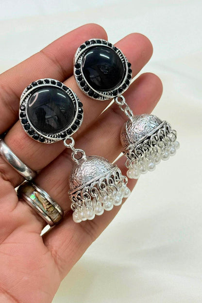 Rhinestone Border Round Stone Jhumka
