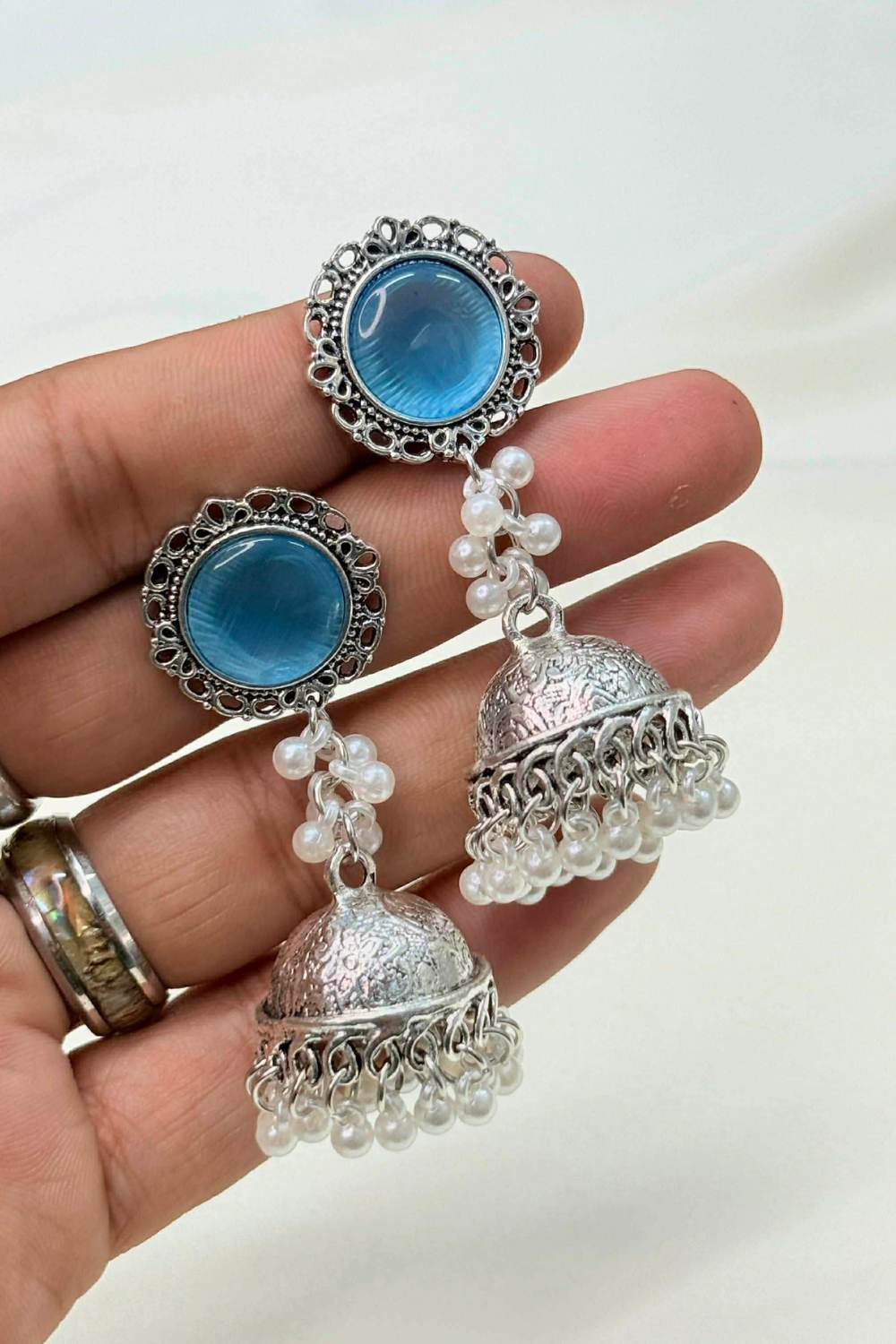 Round Moonstone Oxidized Jhumka