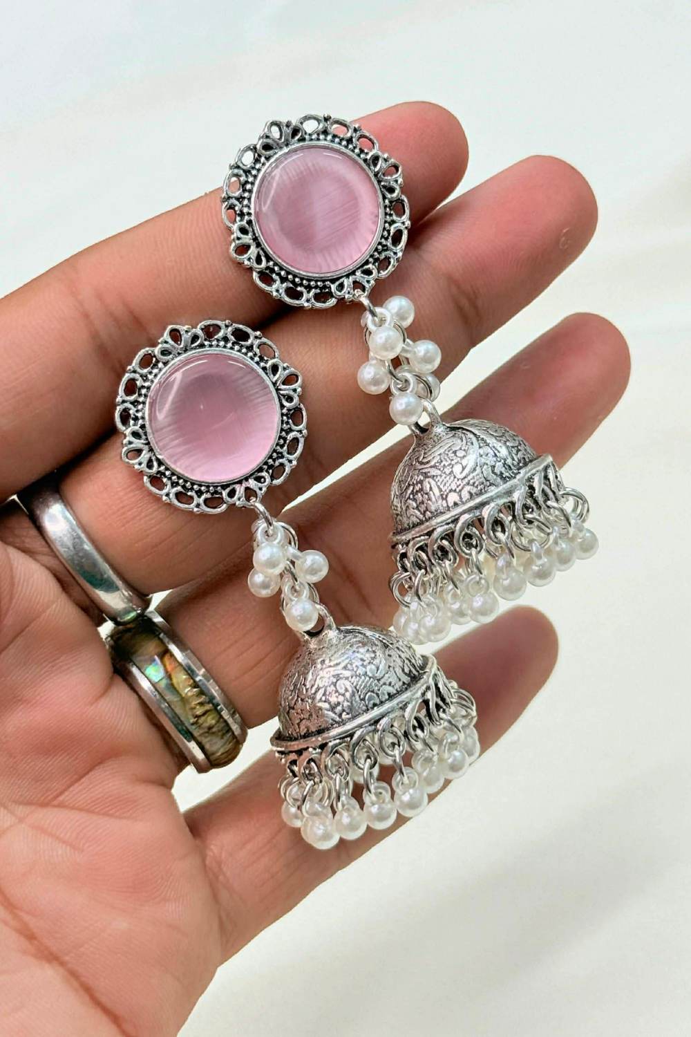 Round Moonstone Oxidized Jhumka