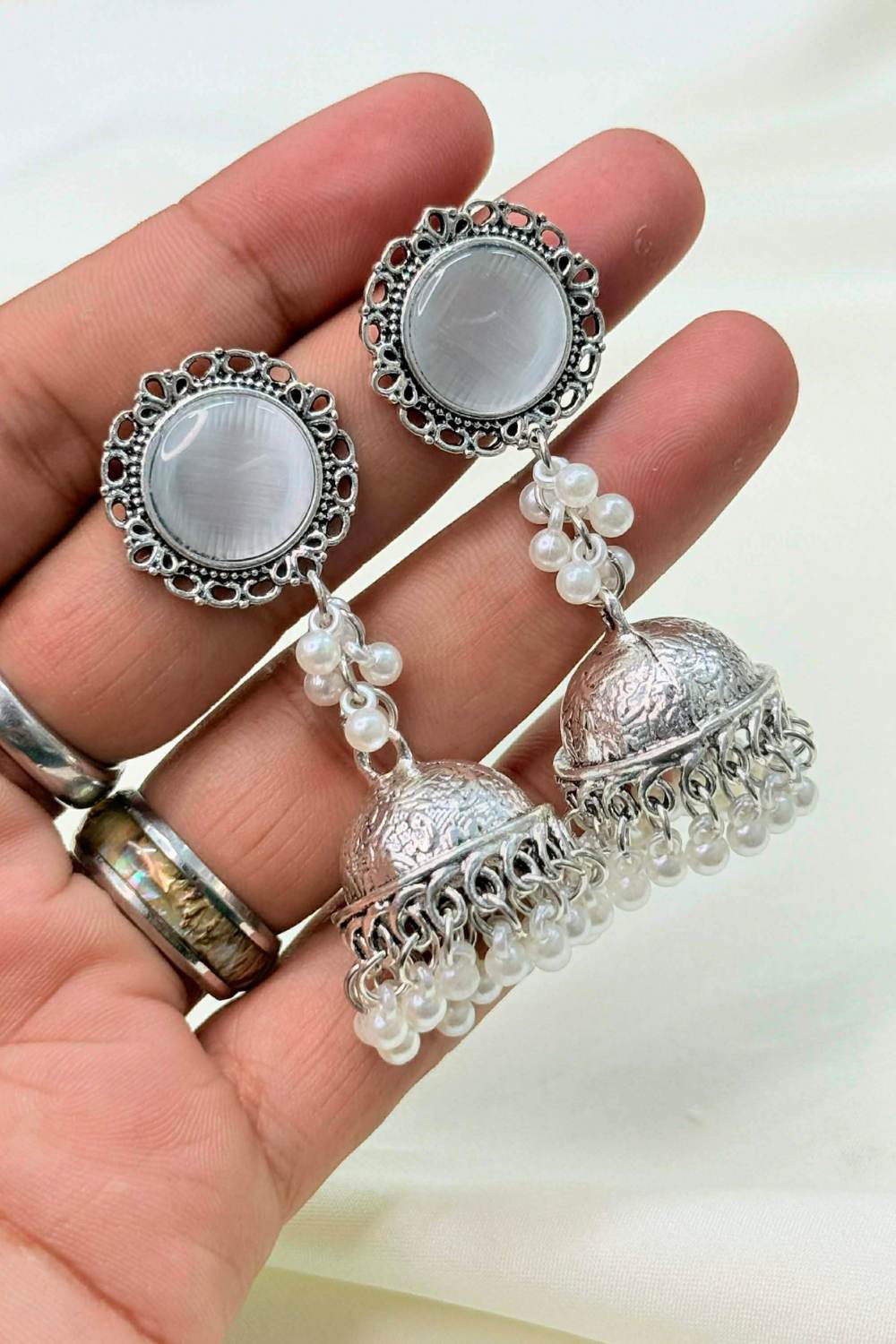 Round Moonstone Oxidized Jhumka