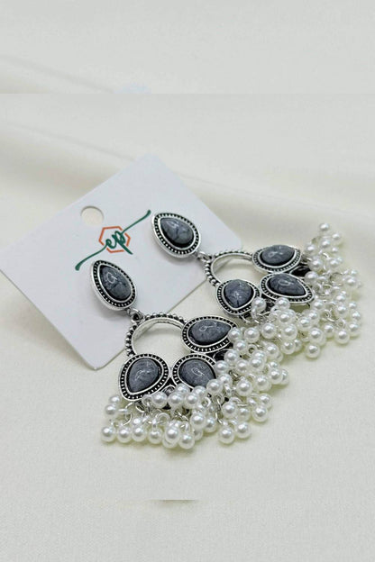 Oxidized Silver Stone Pearl Jhumka
